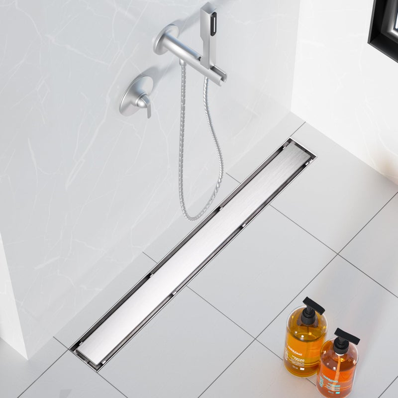 Neodrain مصرف دش خطي نودرين 32 بوصة - مع غطاء إدخال مسطح وبلاط 2 في 1، مصرف دش مستطيل من الفولاذ المقاوم للصدأ 304، مصرف دش أرضي مع أقدام قابلة للتعديل، مصفاة شعر - Image 2